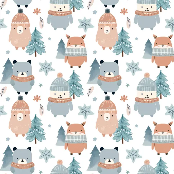 かわいい動物との冬のシームレスなパターン クリスマスベクターパターン 手描きベクター子供のプリント — ストックベクタ