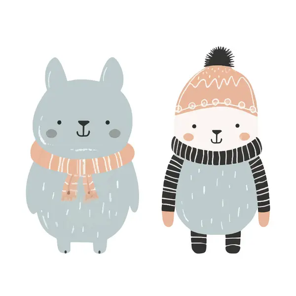 Met Hand Getekende Doodle Dieren Leuke Scandinavische Dieren Winterkleding Winter — Stockvector