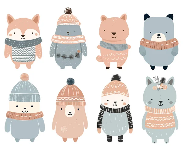 Hand Drawn Doodle Animals Cute Scandinavian Animals Winter Clothes Winter — Stock Vector