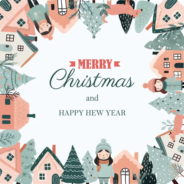 Cartão Inverno Quadrado Moldura Natal Com Texto Casas Escândalo Árvores — Vetor de Stock