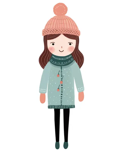 Roztomilá Legrační Dívka Zimním Oblečení Ručně Kreslená Dívka Pohádkovém Skandinávském — Stockový vektor