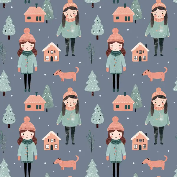 Seamless Pattern Doodle Girl House Tree Vector Hand Drawn Christmas — Stock Vector