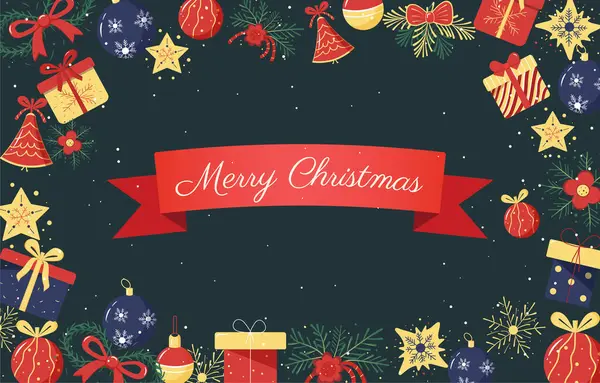 クリスマスデザイン ポスター メリークリスマスフレームとクリスマスの要素 ダークバック — ストックベクタ