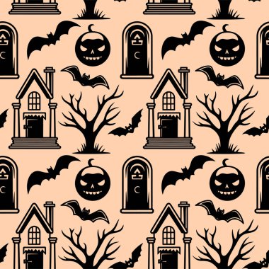 Cadılar Bayramı şablonu, yarasa, kale, ağaç. Sonbahar Cadılar Bayramı arkaplanı, vektörsüz desen.