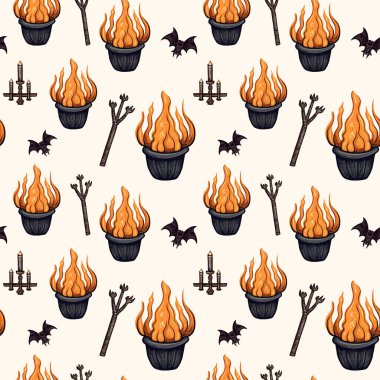 Cadılar Bayramı şablonu, kazan, asa, şamdan, sopa. Sonbahar Cadılar Bayramı arkaplanı, vektörsüz desen.