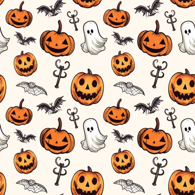 Cadılar Bayramı balkabağı, hayalet, yarasa desenli. Sonbahar Cadılar Bayramı arkaplanı, vektörsüz desen.