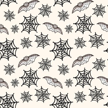 Örümcek ağlı Cadılar Bayramı şablonu. Sonbahar Cadılar Bayramı arkaplanı, vektörsüz desen.