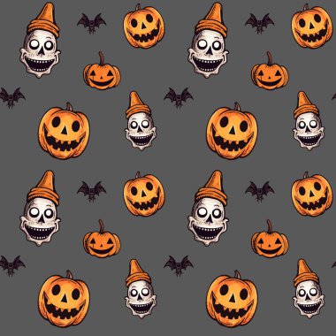 Balkabağıyla Cadılar Bayramı deseni. Sonbahar Cadılar Bayramı arkaplanı, vektörsüz desen.