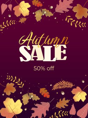 Sonbahar arkaplanı, afiş, broşür tasarımı. Parlak, güzel yaprak çerçeveli bir poster. Reklam ve sosyal medya şablonu