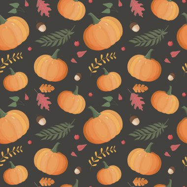 Balkabağıyla sonbahar deseni, yapraklar. Sonbahar arkaplanı, vektörsüz desen.