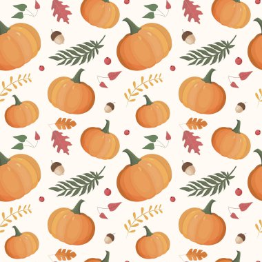 Balkabağıyla sonbahar deseni. Sonbahar arkaplanı, vektörsüz desen.