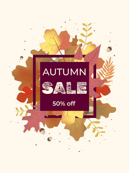 Autumn background, banner, flyer design. Poster with bright beautiful leaves frame. Template for advertising, social media