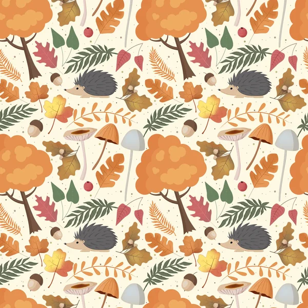 Autumn Pattern Hedgehog Mushrooms Tree Leaves Forest Background Vector Seamless — Stock Vector