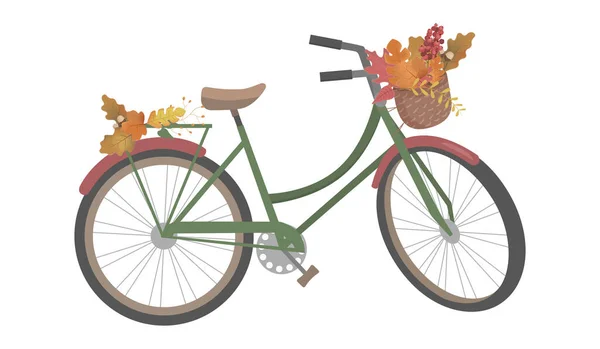 Retro Cykel Med Höstlöv Blommig Korg Och Lämnar Stammen Färg — Stock vektor
