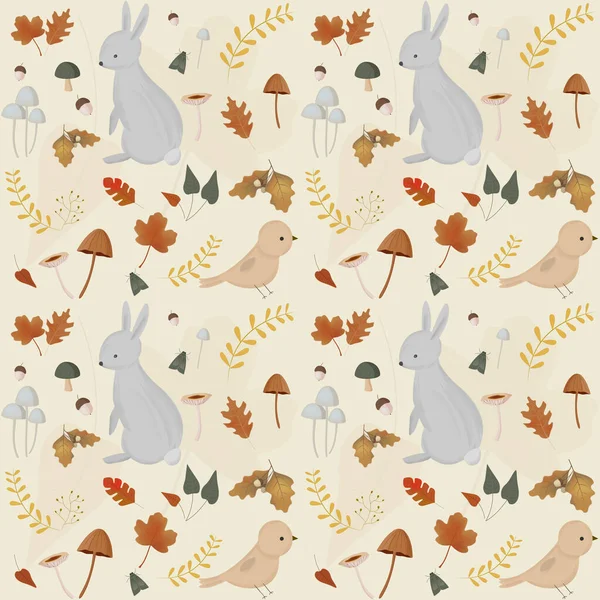 キノコ バニー 秋の要素を備えたシームレスな秋のパターン — ストックベクタ
