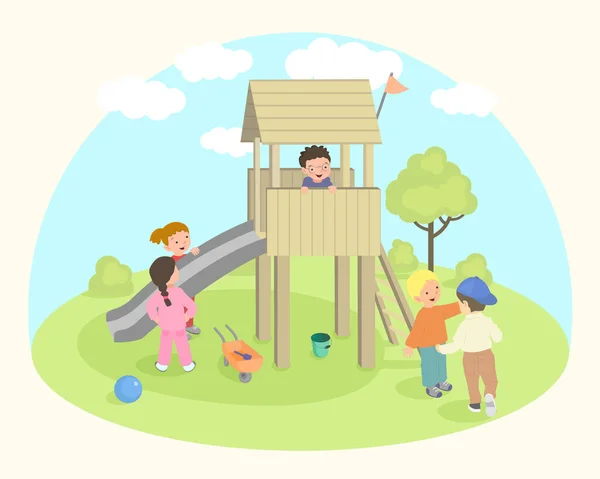 Bambini Felici Giocando Parco Giochi Illustrazione Vettoriale — Vettoriale Stock