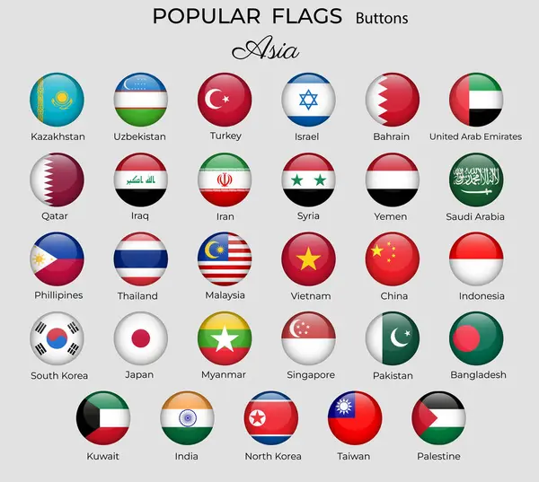 Boutons Drapeaux Des Pays Asiatiques Corée Singapour Inde Chine Ensemble — Image vectorielle