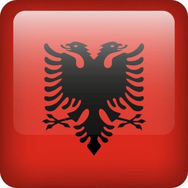 3d vektör Arnavutluk bayrak parlak düğmesi. Arnavutluk ulusal amblemi. Arnavutluk bayrağıyla kare simgesi