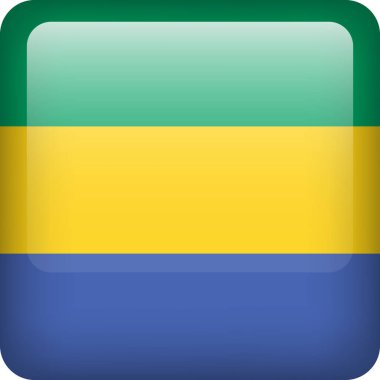 3D Gabon bayrak parlatıcı düğmesi. Gabon ulusal amblemi. Gabon bayrağıyla kare simgesi