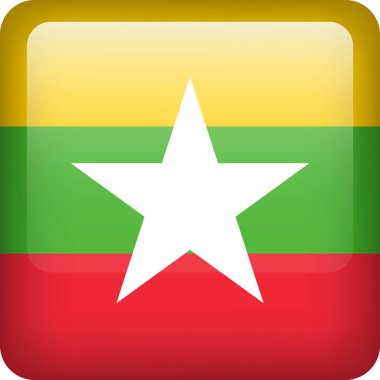 3D vektör Myanmar bayrak parlak düğmesi. Myanmar ulusal amblemi. Myanmar bayrağıyla kare simgesi