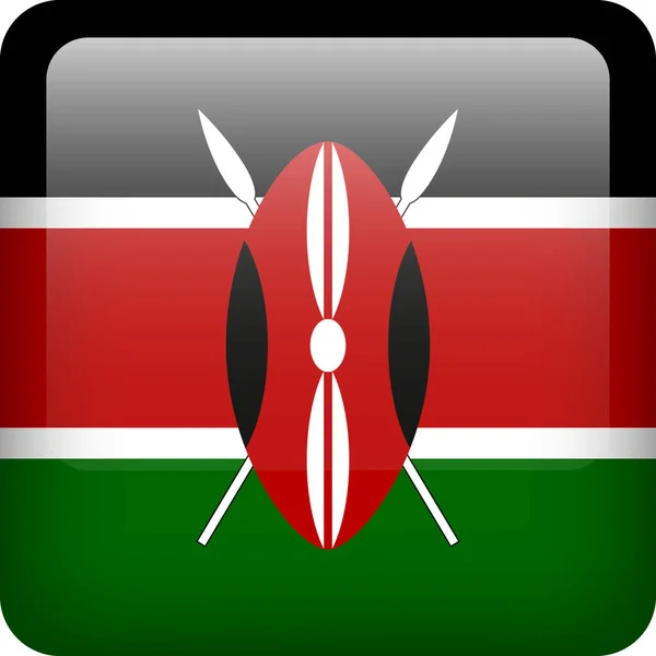 Vector Kenya Flag Glossy Button Kenyan National Emblem Square Icon — Stock Vector