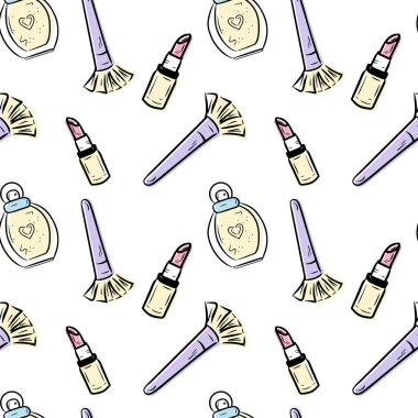 Kozmetik ve aksesuarlarla kusursuz desen. El makyajı, kozmetik karalamalar, vektör arkaplan