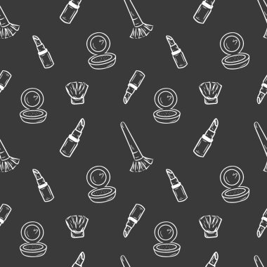 Kozmetik ve aksesuarlarla kusursuz siyah beyaz desen. El çizimi vektör kozmetik karalamaları