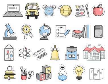 Okul ikonlarının vektör seti. Çizgi film ikonları eğitimi, okul.