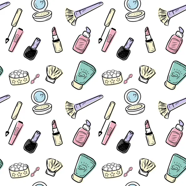 Kozmetik ve aksesuarlarla kusursuz desen. El makyajı, kozmetik karalamalar, vektör arkaplan