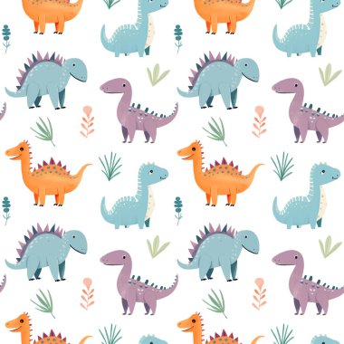 Çiçeksel elementlerle renklendirilmiş şirin dinozorların kusursuz deseni. Çocuk baskısı