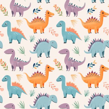 Çiçeksel elementlerle renklendirilmiş şirin dinozorların kusursuz deseni. Çocuk baskısı
