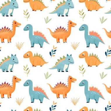 Çiçeksel elementlerle renklendirilmiş şirin dinozorların kusursuz deseni. Çocuk baskısı