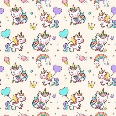 Tek boynuzlu atlar, yıldızlar, gökkuşağı ve konfetiyle kusursuz desen. Doğum günü partisi için çizgi film tarzında vektör arkaplanı.