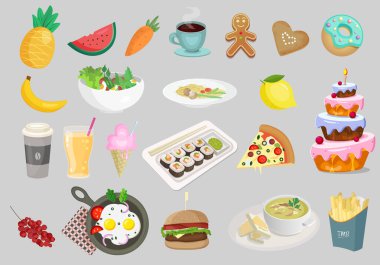 Lezzetli yemek seti. Yiyecek ve içecek koleksiyonu. Vektör illüstrasyon fast food, pasta, meyve.