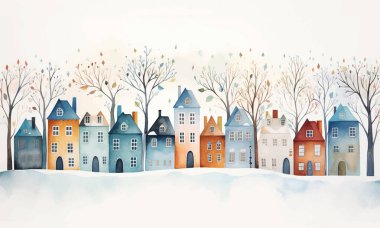 İskandinav evleri ve ağaçları. Şirin Scandi suluboya evleri. Avrupa caddesi. Çocuksu vektör illüstrasyonu