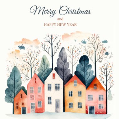 Mutlu Noel posterleri. İskandinav evleri ve ağaçları. Şirin Scandi suluboya evleri. Avrupa sokağı.