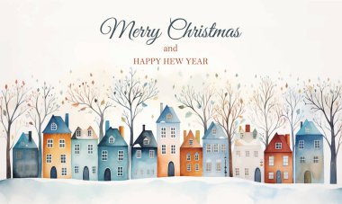 Mutlu Noel posterleri. İskandinav evleri ve ağaçları. Şirin Scandi suluboya evleri. Avrupa sokağı. 