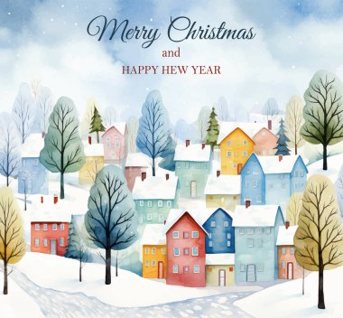 Mutlu noel kartları. İskandinav evleri ve ağaçları. Kışın şirin Scandi suluboya evleri. Avrupa sokağı.