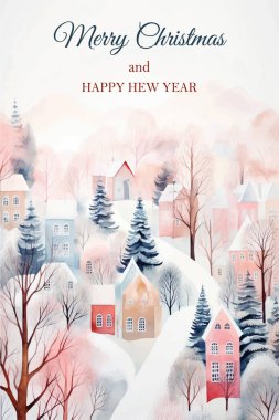 Mutlu Noeller, çerçeve. İskandinav manzarası. Şirin Scandi suluboya evleri. 