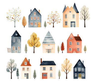 Suluboya İskandinav evleri. Şirin çocuksu binalar ve ağaçlar izole edilmiş. Moda tarayıcı vektör arkaplanı