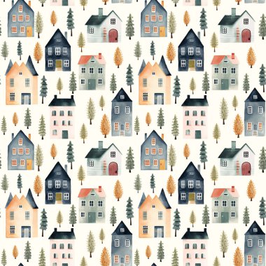 Şirin suluboya binalar ve ağaçlar. Avrupa 'daki evler pürüzsüz. Moda tarayıcı vektör arkaplanı