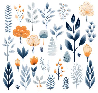 Botanik tarama seti. Geleneksel etnik folklor tarzında el yapımı bitki ve çiçek koleksiyonu. 