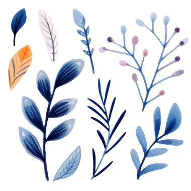 Geleneksel etnik folklor tarzında el yapımı yapraklar. Parlak suluboya yaprakları seti