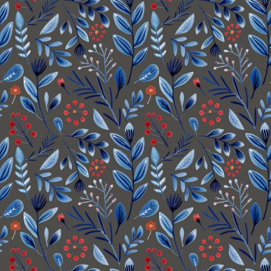 Kusursuz desenli çiçek karalaması. Çiçekler ve yapraklarla suluboya el çizimi.