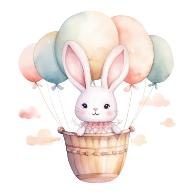 Sıcak hava balonunda suluboya tavşan. Elle çizilmiş tavşan ve hava balonlu duvar etiketi. Klip sanatı resmi.