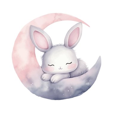 Ay 'da suluboya tavşan. Elle çizilmiş tavşan ve ay şeklinde duvar etiketi. Pastel renkler. Klip sanatı.