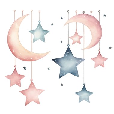 Watercolor vector stars and moon. Nursery elements. Fantasy pastel color. Delicate, magic decoration.  clipart