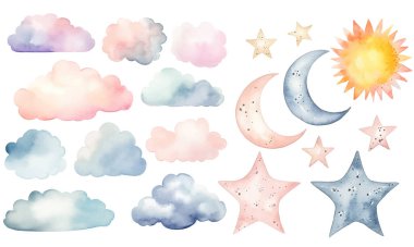 Set of watercolor vector clouds, sun, moon, stars. Fantasy pastel color. Nursery elements clipart