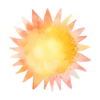 Suluboya vektör güneş. Doğan güneş, batan gün. Ateş renkleri yuvarlak, suluboya lekeler. Klip sanatı resmi.