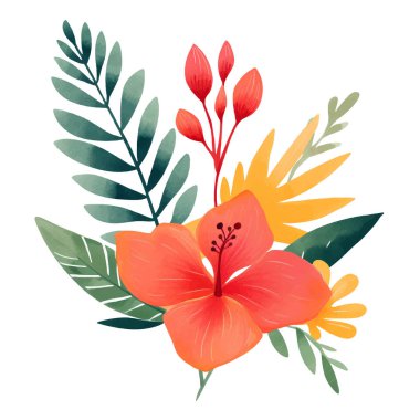 Yeşil yapraklı vektör tropikal çiçek. Suluboya tropik illüstrasyon. Yeşil yapraklar, yabani çiçekler..